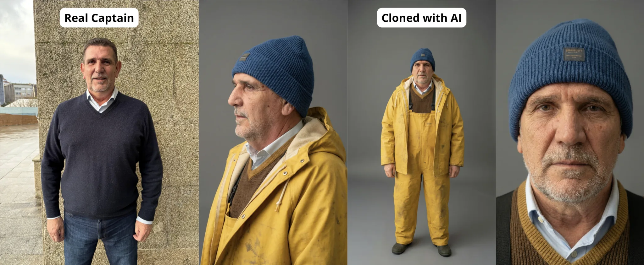 El capitán real de Pescanova junto a su versión clonada con IA, con chubasquero amarillo